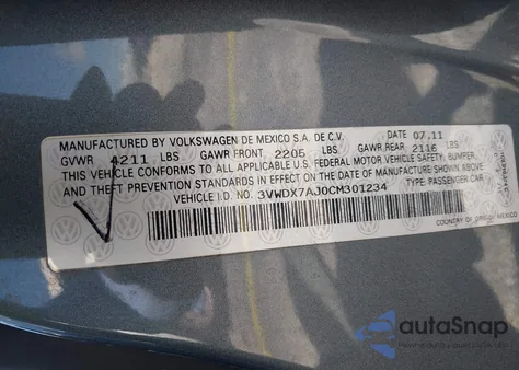 2012 Volkswagen Jetta 2.5L Se z USA, uszkodzony, nr VIN 3VWDX7AJ0CM301234